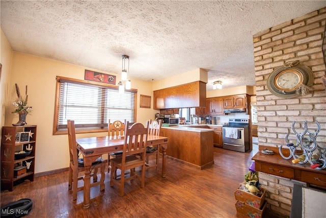 dining area featuring a textured ceiling, baseboards, and dark wood finished floors
