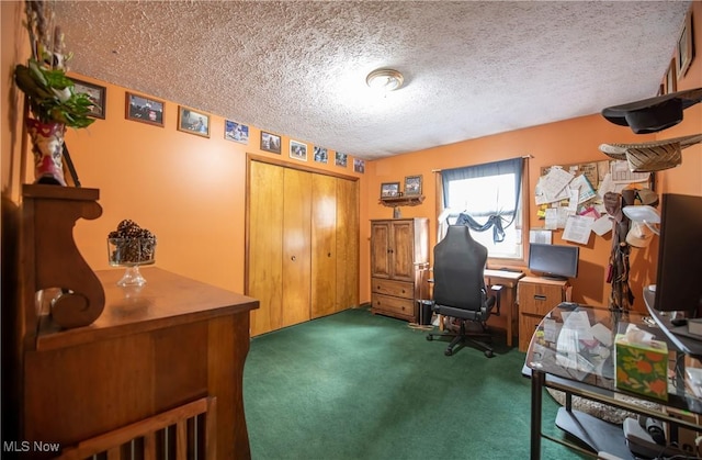 office space featuring a textured ceiling and carpet flooring