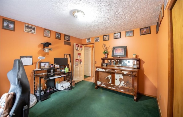 carpeted office with a textured ceiling