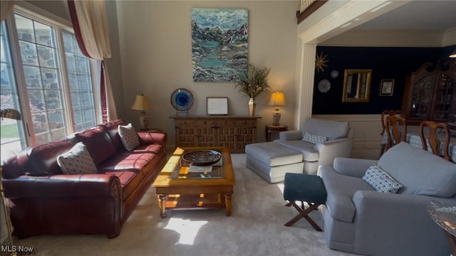carpeted living area with ornamental molding