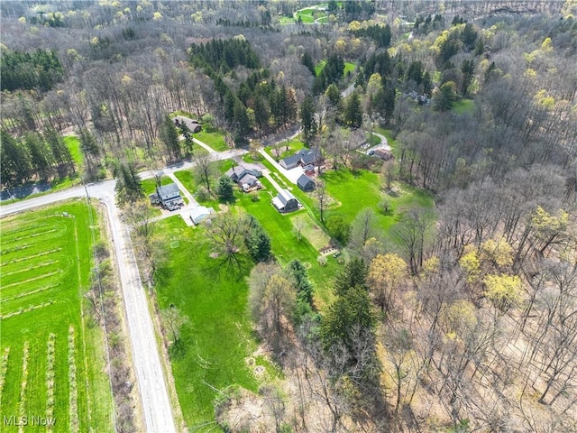 drone / aerial view with a wooded view