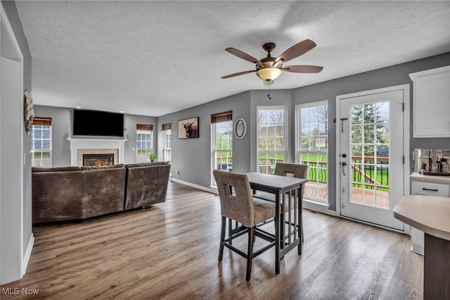 dining room featuring a textured ceiling, a ceiling fan, wood finished floors, and a fireplace