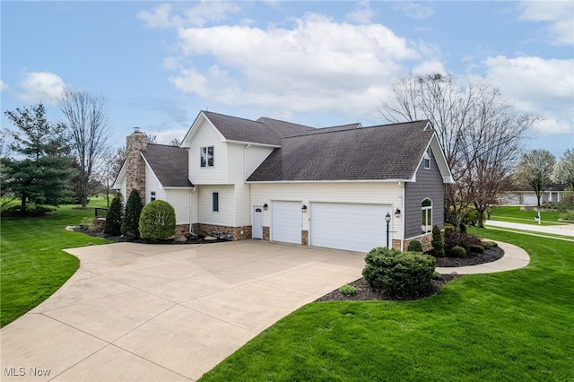 view of side of home featuring concrete driveway, a yard, an attached garage, and stone siding