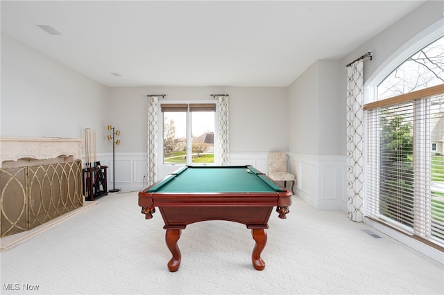 rec room with a decorative wall, a wainscoted wall, carpet flooring, and pool table