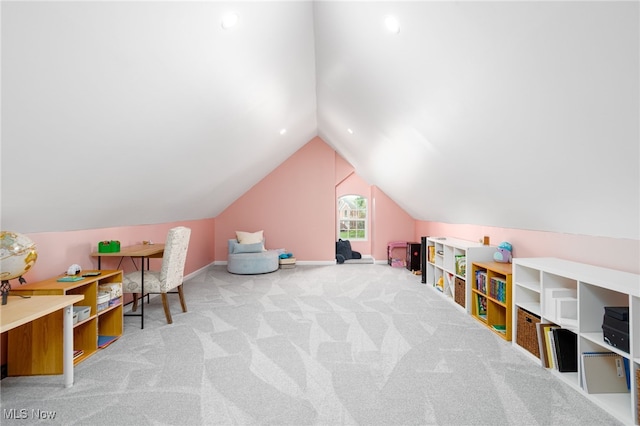 rec room with baseboards, lofted ceiling, and carpet floors