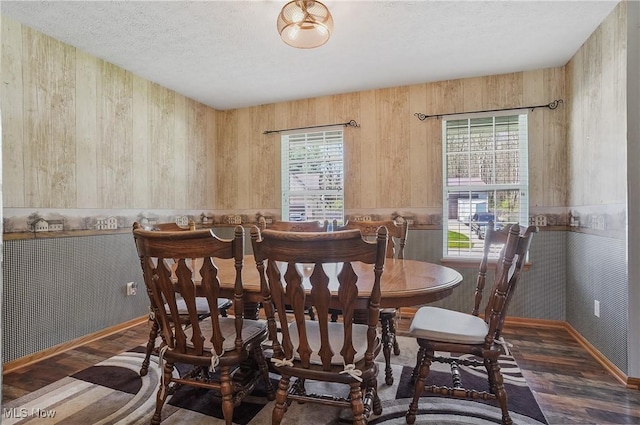 dining room featuring wallpapered walls, wood finished floors, a healthy amount of sunlight, and a textured ceiling