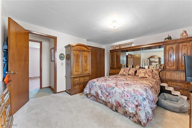 bedroom featuring a textured ceiling, light carpet, baseboards, and a closet