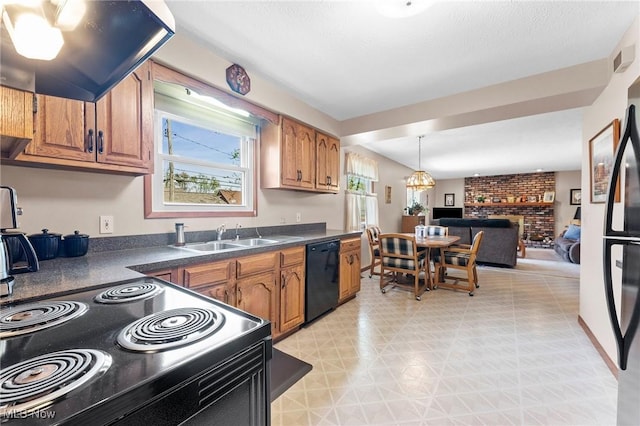 kitchen with dark countertops, extractor fan, brown cabinets, a sink, and black appliances