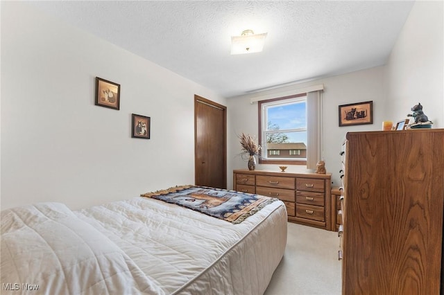 bedroom featuring light carpet, a closet, and a textured ceiling
