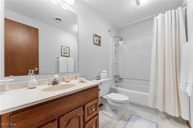 full bathroom with visible vents, shower / bath combination with curtain, toilet, and vanity