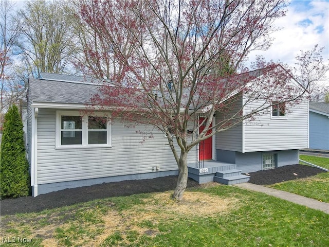 view of front of property with a shingled roof and a front yard