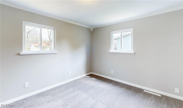 carpeted spare room with baseboards, a healthy amount of sunlight, and crown molding
