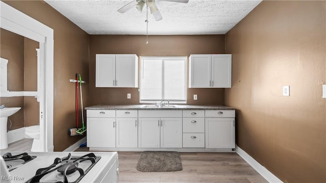 636-638 Fern St, Akron, OH 44307 - kitchen featuring a sink, light wood-style flooring, a textured ceiling, a ceiling fan, and white cabinetry