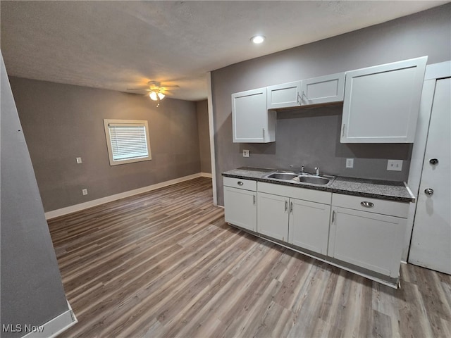 636-638 Fern St, Akron, OH 44307 - kitchen featuring a sink, ceiling fan, light wood finished floors, dark countertops, and recessed lighting