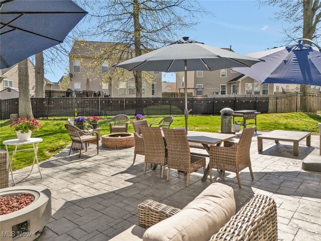 4591 Boulder Ln, Lorain, OH 44053 - view of patio / terrace with a residential view, outdoor dining area, a fire pit, and a fenced backyard