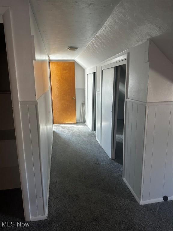 1765 E 238th St, Euclid, OH 44117 - corridor featuring wainscoting, carpet floors, a textured ceiling, and lofted ceiling