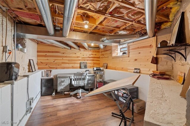basement with wood walls and wood finished floors