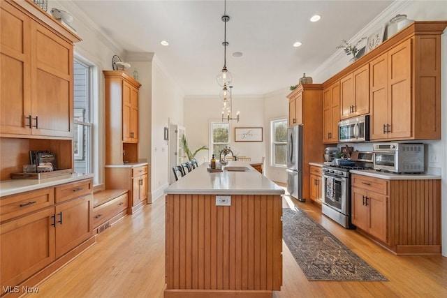 kitchen featuring light wood finished floors, a kitchen island with sink, a sink, ornamental molding, and appliances with stainless steel finishes
