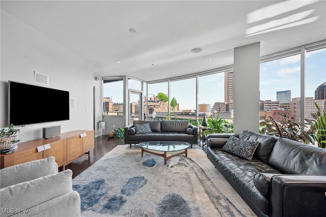 living room with a view of city, expansive windows, and wood finished floors