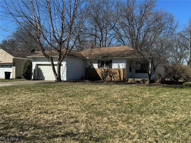 single story home featuring driveway, a front lawn, a chimney, and an attached garage