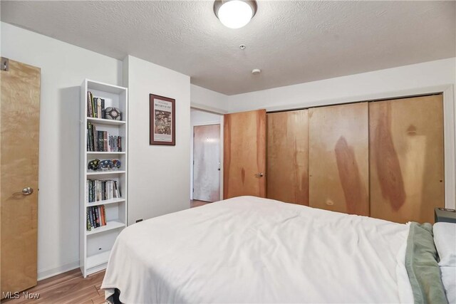 bedroom with wood finished floors, baseboards, and a closet