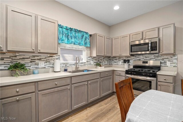 kitchen with a sink, tasteful backsplash, stainless steel appliances, and gray cabinets