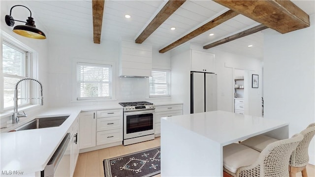 110 May Ct, Chagrin Falls, OH 44022 - kitchen featuring stainless steel range with gas cooktop, freestanding refrigerator, a sink, dishwasher, and light wood-type flooring