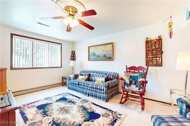220 Bantam Ridge Ct, Wintersville, OH 43953 - living room with carpet, visible vents, baseboards, a baseboard heating unit, and ceiling fan