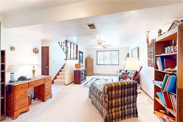 220 Bantam Ridge Ct, Wintersville, OH 43953 - sitting room featuring carpet flooring, stairway, visible vents, and ceiling fan