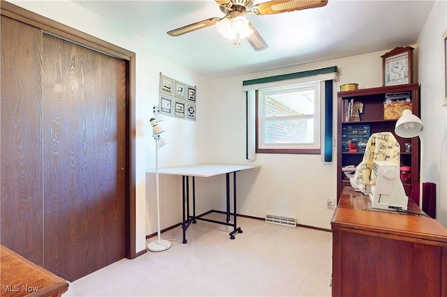 220 Bantam Ridge Ct, Wintersville, OH 43953 - home office with baseboards, carpet flooring, visible vents, and ceiling fan