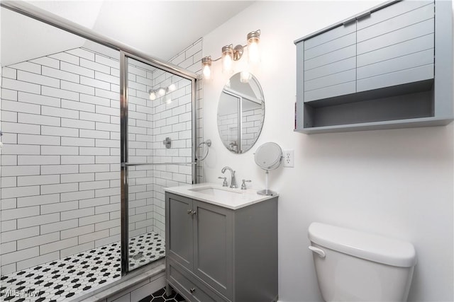 bathroom featuring a shower stall, toilet, and vanity