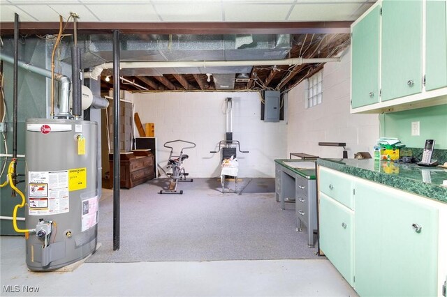 below grade area with water heater and electric panel
