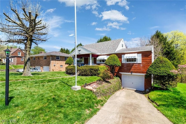 single story home featuring a garage, brick siding, driveway, and a front yard