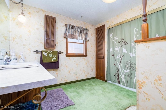 265 Putnam Ln, Weirton, WV 26062 - full bath with a sink, wallpapered walls, baseboards, a textured ceiling, and curtained shower