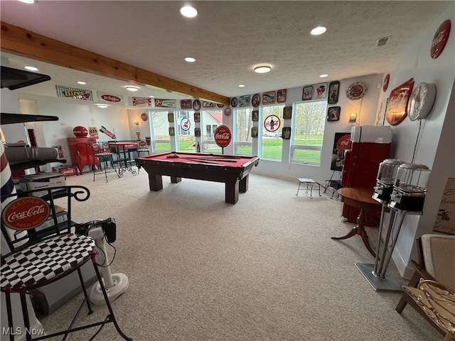 playroom with beamed ceiling, recessed lighting, carpet, pool table, and a textured ceiling