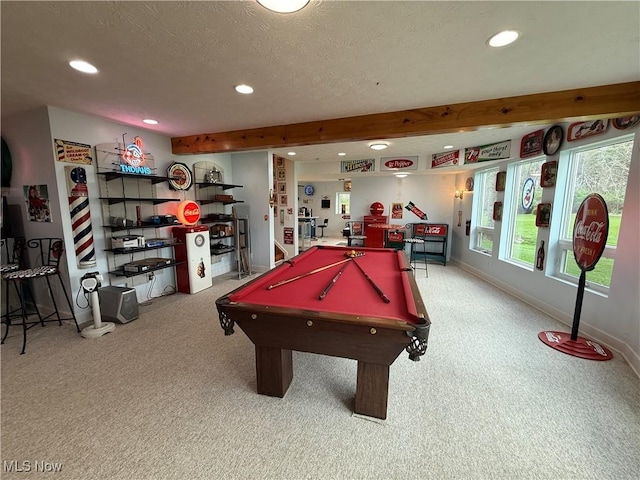 recreation room featuring recessed lighting, carpet flooring, beam ceiling, and pool table