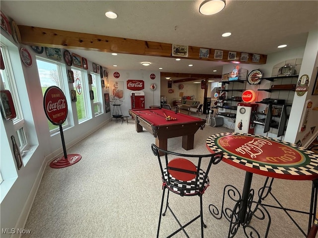game room with baseboards, recessed lighting, and pool table