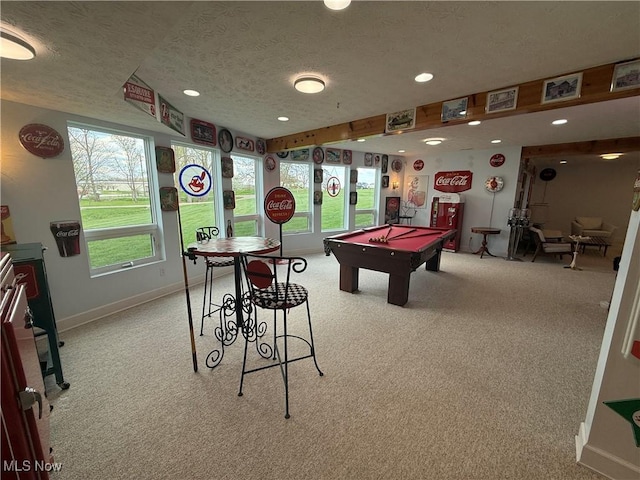 recreation room with recessed lighting, a textured ceiling, carpet floors, and pool table