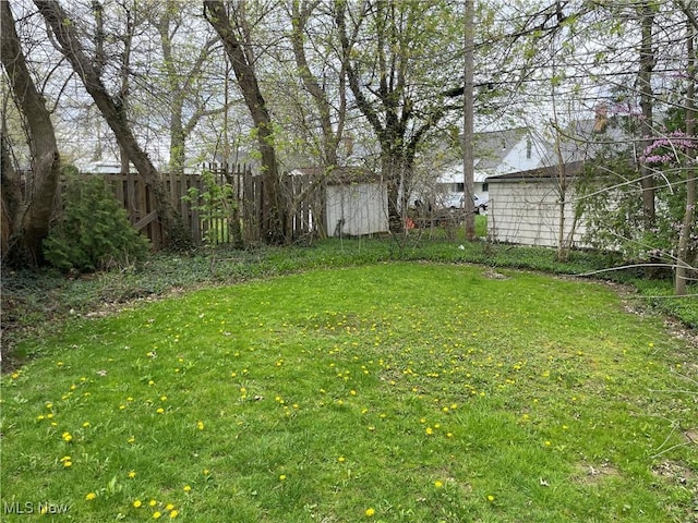 view of yard with fence, an outdoor structure, and a storage shed