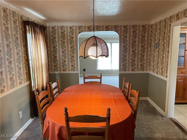 dining area featuring carpet floors, a wainscoted wall, wallpapered walls, and baseboards