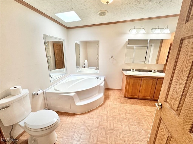 full bathroom featuring ornamental molding, a shower stall, toilet, and a bath