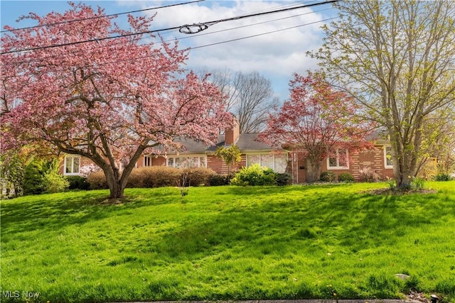 obstructed view of property featuring a chimney and a front yard