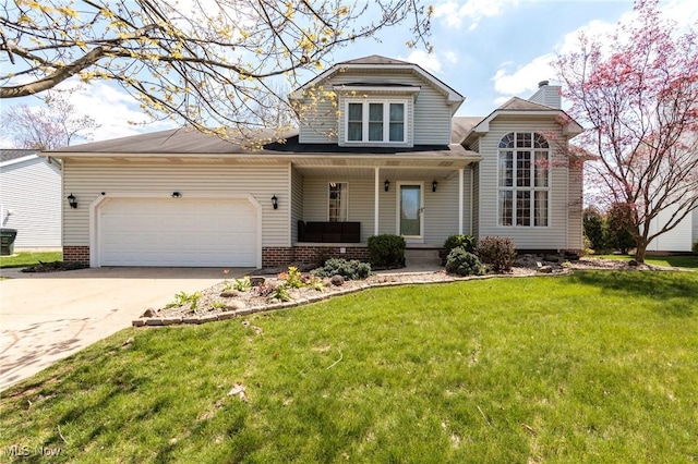 traditional home featuring concrete driveway, a chimney, an attached garage, a porch, and a front lawn