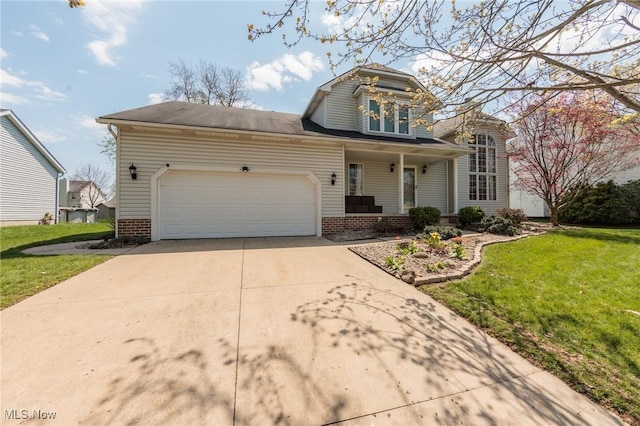 traditional-style house featuring covered porch, brick siding, a garage, driveway, and a front lawn