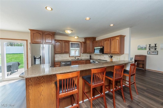 kitchen featuring tasteful backsplash, a sink, appliances with stainless steel finishes, dark wood finished floors, and a peninsula