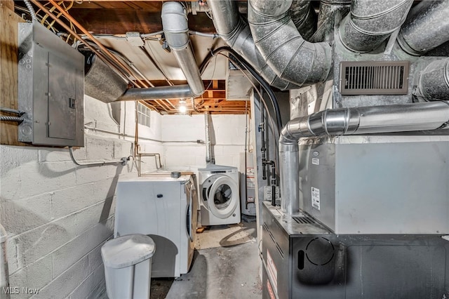 washroom with electric panel, water heater, laundry area, and visible vents