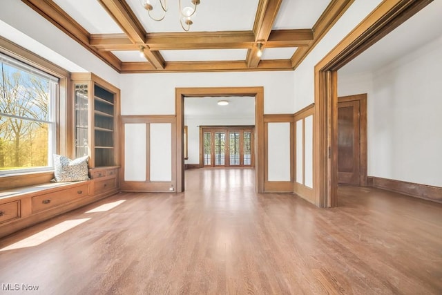 1357 E Blvd Unit 2, Cleveland, OH 44106 - interior space with wood finished floors, coffered ceiling, beamed ceiling, and a notable chandelier