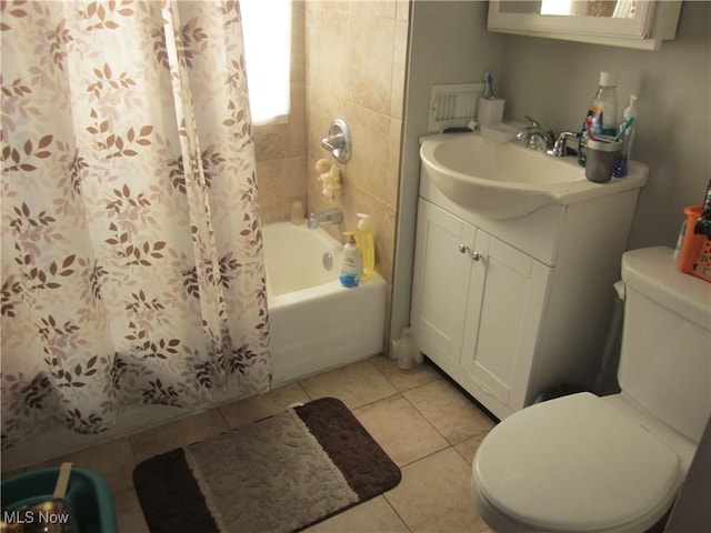 bathroom featuring shower / bathtub combination with curtain, vanity, toilet, and tile patterned flooring