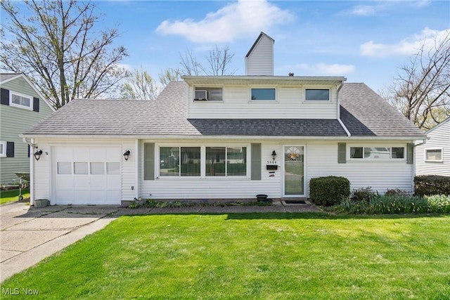 view of front of house featuring a chimney, roof with shingles, a front lawn, concrete driveway, and an attached garage