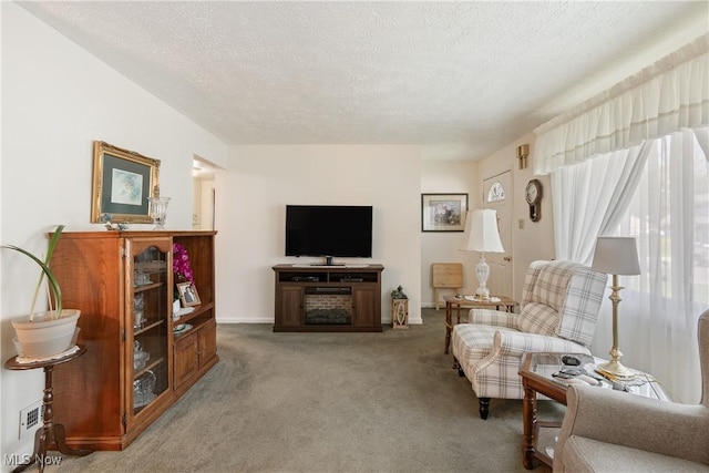 living room with a textured ceiling and carpet